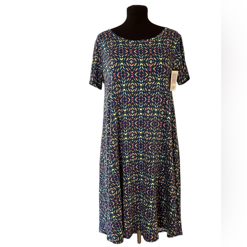 New LuLaRoe M Carly Swing Dress Blue Multi Geometric Eyes New NWT 10-12